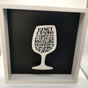 💥 3/$20 Framed Wine Glass With names of wines written within glass.